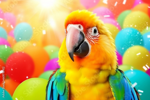 Parrot on a multicolor background surrounded by multicolor balloons and confetti. photo