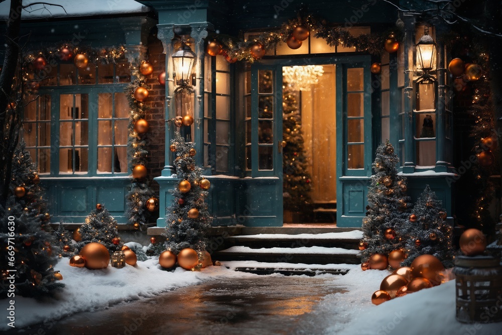 exteriors of the house are decorated for Christmas or New Year's holiday, city street in winter, snow, gifts on the porch, and street lights, a fairy-tale environment exteriors of the house are decorated for Christmas or New Year's holiday, city street in winter, snow, gifts on the porch, and street lights, a fairy-tale environment