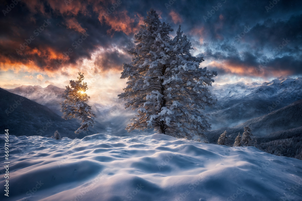Christmas tree in a winter forest, snow covered mountains, beautiful nature at sunset, dark dramatic sky