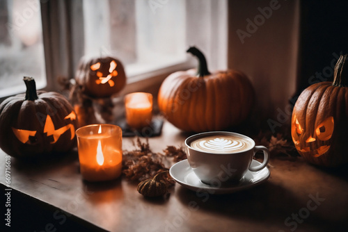for halloween holiday, a cup of hot latte and pumpkins on a windowsill, beautiful autumn landscape outside the window, rural, still life, festive background