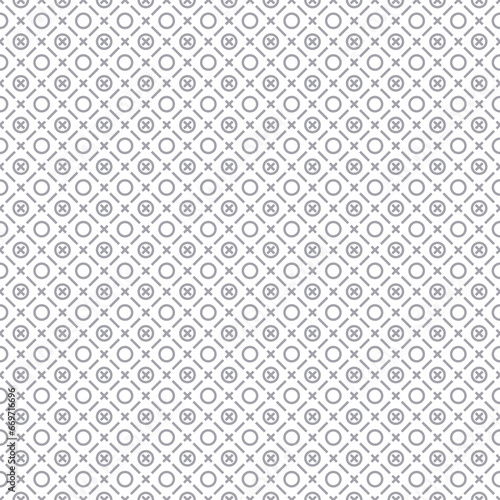 Seamless surface pattern with symmetric ornament. Grey dashes, crosses and circles abstract on white background. Grid motif. Ethnic wallpaper. Digital paper for web design. Vector art illustration