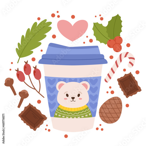 Wrap Your Warmth In Festive Cheer With Our Christmas Coffee Cup Adorned By A Cute Polar Bear, Cartoon Illustration