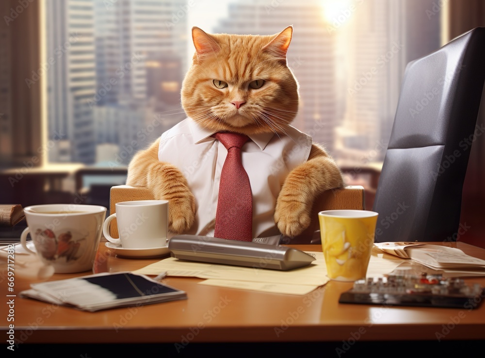 A cat is sitting at the office table in front of a computer. Sedentary lifestyle concept
