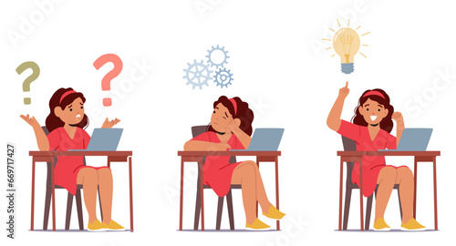 Bewildered Little Girl Sits At Her Desk, Gazing At Her Laptop With A Furrowed Brow, Lost In World Of Digital Perplexity
