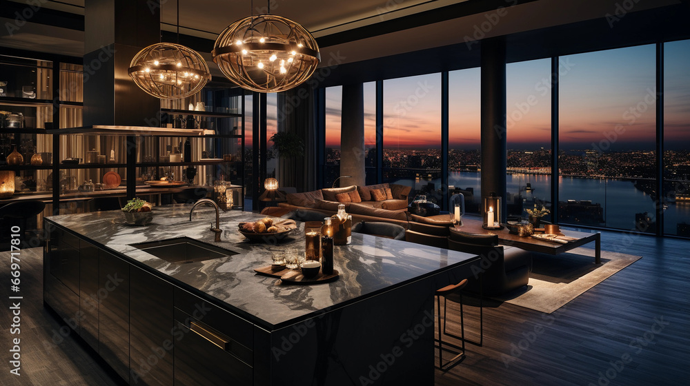 A luxury penthouse kitchen with marble countertops, a chef's island, and panoramic city views