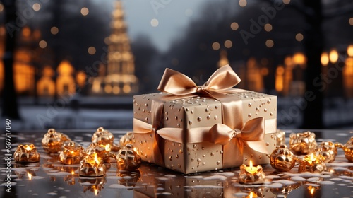 Beautiful Christmas gift box with burning candles. Selective focus. Beautyful bokeh background