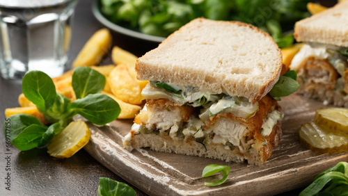 Fish Finger Sandwich on wooden board with potato fries photo