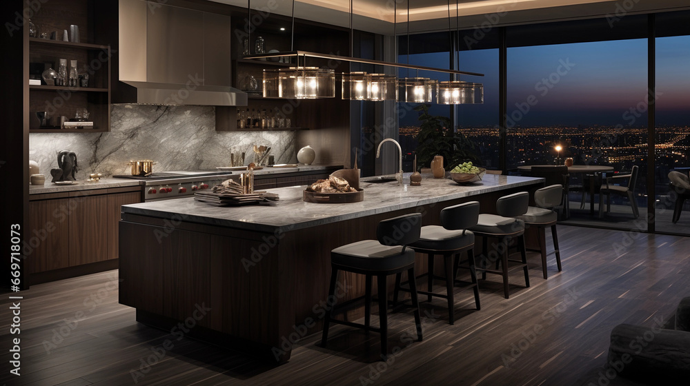 A luxury penthouse kitchen with marble countertops, a chef's island, and panoramic city views