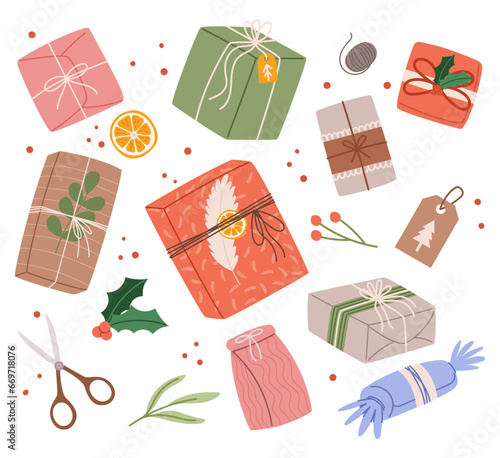 Set Of Different Christmas Presents In Kraft Paper With Twine Ribbon And Wreaths. Rustic Gift Box. Eco Decoration