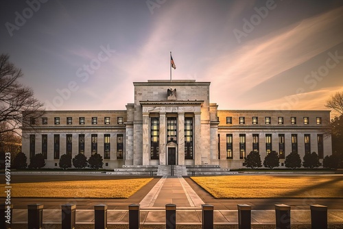 The Federal Reserve Building with a Majestic Flag Flying High photo