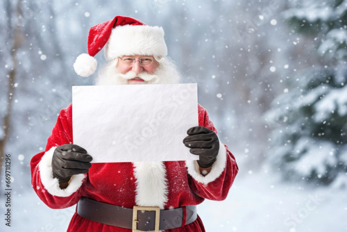 santa claus holding a white blank sheet of paper on snowy background © Danny