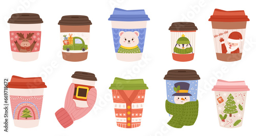 Set Festive Paper Cups with Christmas Motifs. Deer, Car, Polar Bear, Cute Penguin, Santa Claus and Decorated Pine Tree