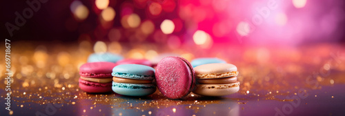 colorful macarons on a shiny glitter background for birthday party - food photography style