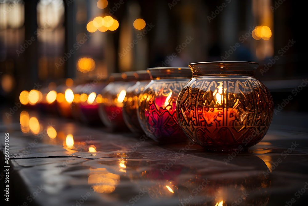 A row of lit candles in a dark church - Faith and Prayer - obrazy, fototapety, plakaty 