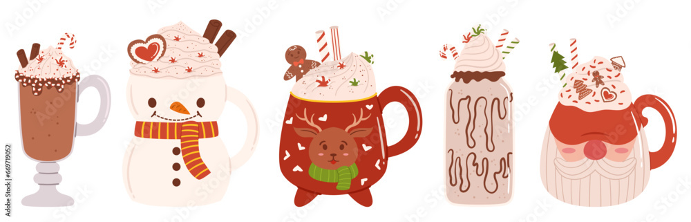 Fototapeta premium Assortment Of Winter Beverages. Steaming Mugs Adorned For The Holiday Season. Enjoy Hot Cocoa With Marshmallows