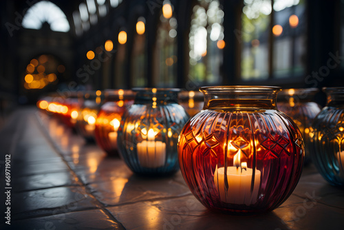 A row of lit candles in a dark church - Faith and Prayer photo