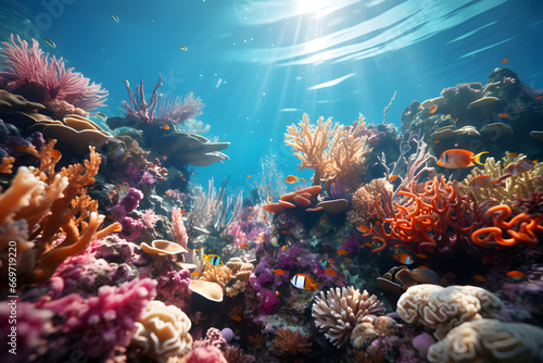 Underwater with colorful sea life fishes and plant at seabed background, Colorful Coral reef landscape in the deep of ocean. Marine life concept, Underwater world scene photo