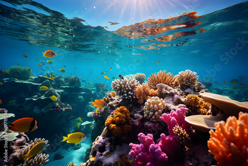 Underwater with colorful sea life fishes and plant at seabed background  Colorful Coral reef landscape in the deep of ocean. Marine life concept  Underwater world scene