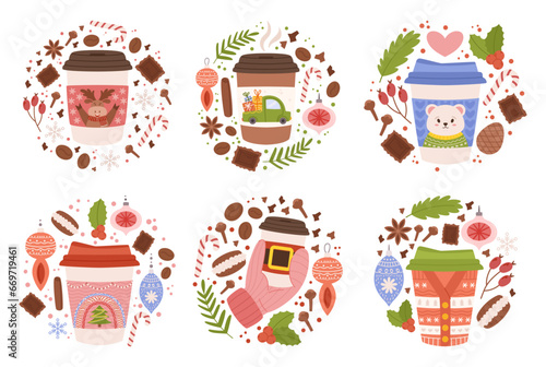 Festive Christmas Paper Coffee Cups Adorned With Merry Designs, Spreading Warmth And Holiday Cheer With Every Sip