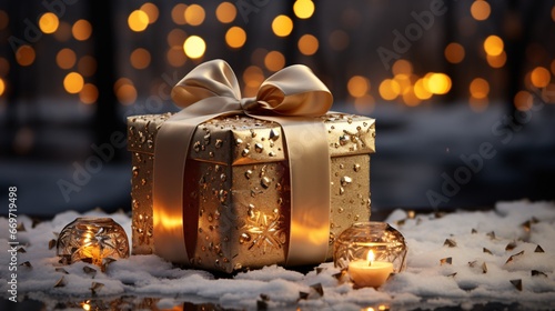 Beautiful Christmas gift box with burning candles. Selective focus. Beautyful bokeh background © vachom