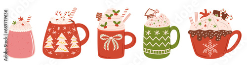 Winter Beverages Collection. Steaming Cups Adorned For The Holidays. Indulge In Cocoa With Marshmallows, Creamy Coffee