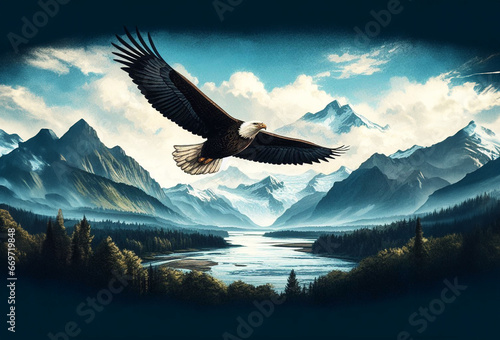 Majestic eagle soaring through the sky. Vintage Painting Style Art Illustration. Eagle in flight over lake stream mountains clouds in background. photo