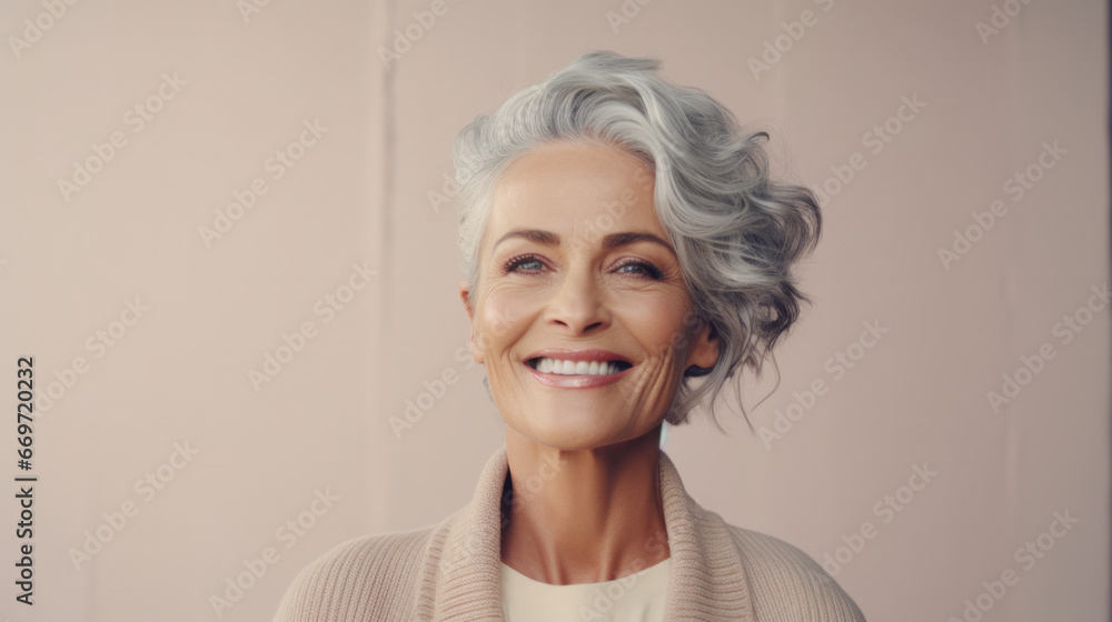 Fototapeta premium Radiant Hipster Woman in 40s with Vibrant Gray Hair - A Pastel Beige Backdrop Portrait with Ample Copy Space.