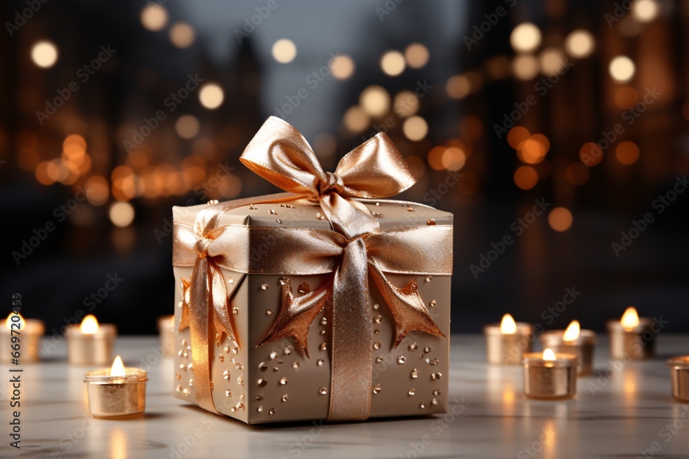 Beautiful Christmas gift boxe with burning candles. Selective focus. Festive surprise. New Year's gift Beautiful Christmas gift boxe with burning candles. Selective focus. Festive surprise. New Year's gift