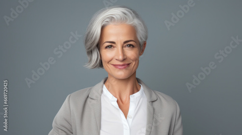 Timeless Grace: Joyful Woman in Her 40s, Showcasing Striking Gray Hair, Providing Ample Copy Area, Positioned Before a Soft Gray Background.