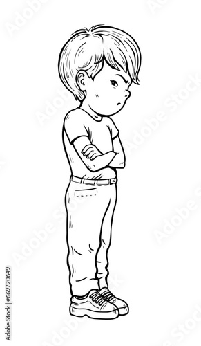 Offended little boy. Stubborn pose. Negative emotion. Dissatisfied child. Cartoon vector illustration black and white. Sketch hand drawn line
