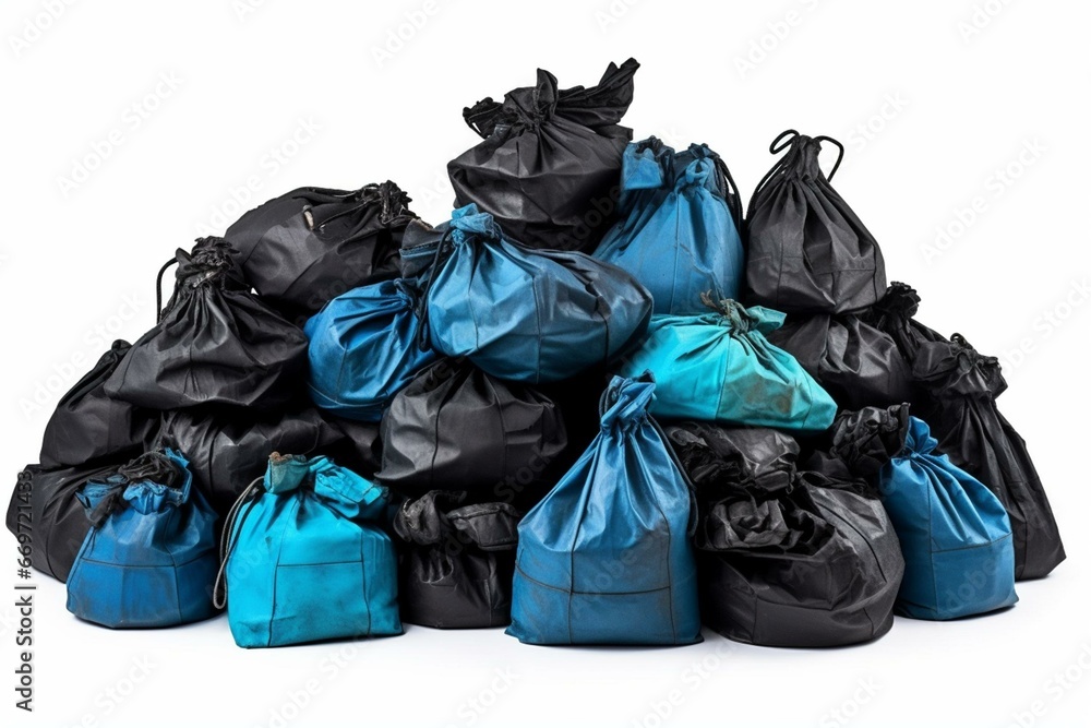 A large collection of waste in black and blue bags, separated on a white background. Represents ecological issues, pollution, and environmental catastrophe. Generative AI