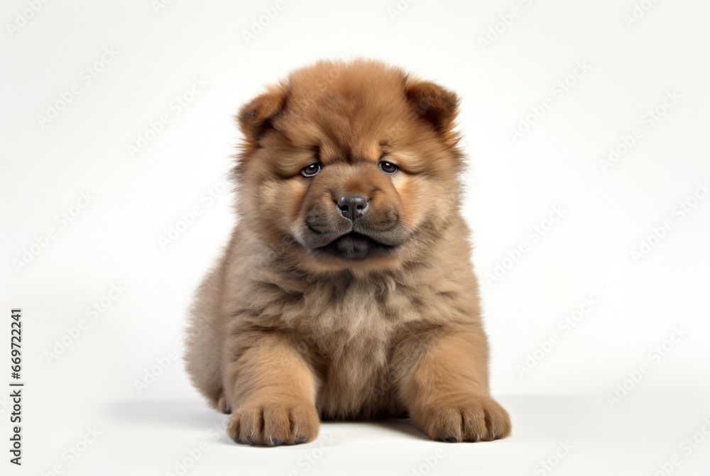 Cute fluffy purebred Chow Chow puppy lies on a white background. With copy space. Pedigree pup. For advertising, posters, banners, promoting pet stores, dog care, veterinary clinics, grooming services