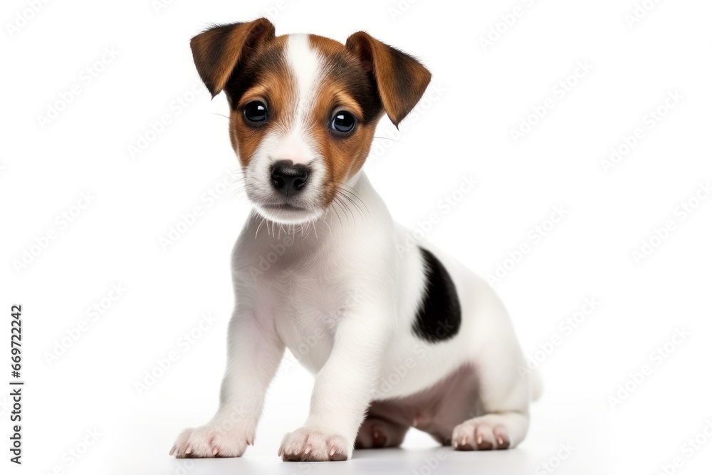 Full size purebred jack russell terrier puppy on white background with copy space. Pedigree dog. For advertising, poster, banner, promoting pet stores, grooming services, dog care, veterinary clinics. Full size purebred jack russell terrier puppy on white background with copy space. Pedigree dog. For advertising, poster, banner, promoting pet stores, grooming services, dog care, veterinary clinics.