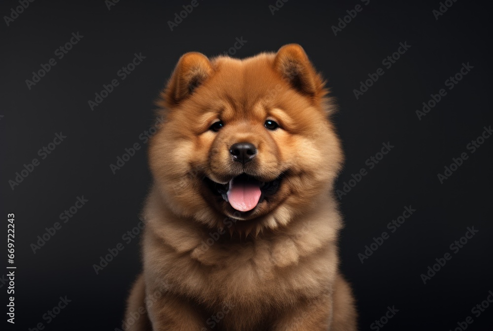 Cute and fluffy purebred Chow Chow dog portrait on a black background. Pedigree pup. For advertising, posters, banners, or promoting pet stores, dog care, grooming services, and veterinary clinics.