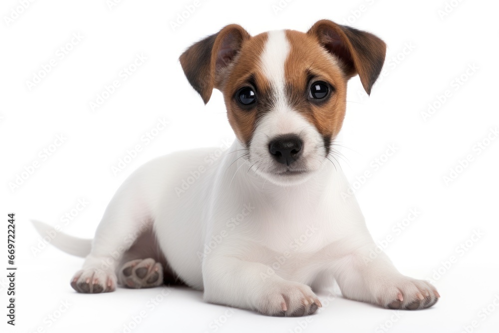 Full size purebred jack russell terrier puppy on white background with copy space. Pedigree dog. For advertising, banner, poster, promoting pet stores, dog care, grooming services, veterinary clinics.