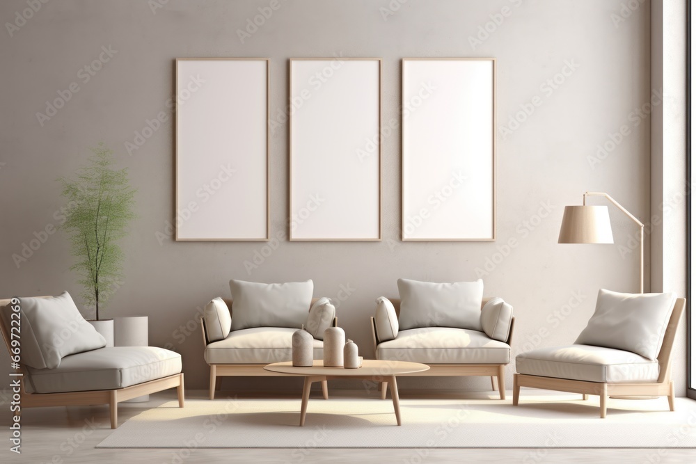 Mockup, template for design. Modern light fashionable living room interior with 3 large empty picture frames on beige wall. With copy space. Light beige armchairs. Banner, advertising poster. Mockup, template for design. Modern light fashionable living room interior with 3 large empty picture frames on beige wall. With copy space. Light beige armchairs. Banner, advertising poster.