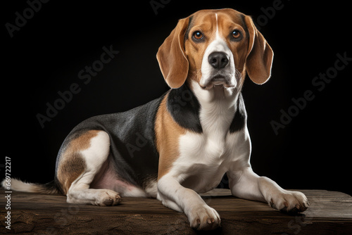 Full-sized purebred pedigree Beagle dog lies against a dark background. Close up. For posters, banners, and advertisements. Showcase the elegance of this pedigree breed.