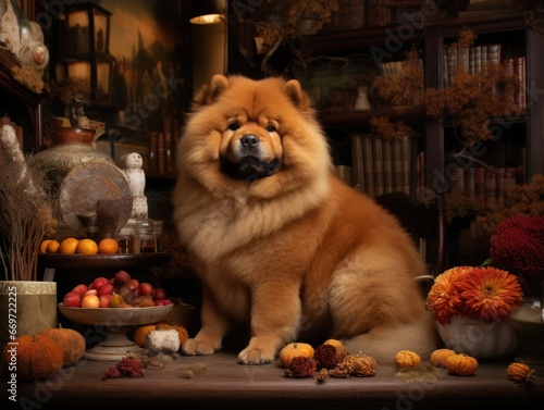 Cute and fluffy purebred Chow Chow dog sits surrounded by pumpkins and flowers. Pedigree pup. For advertising  posters  banners  or promoting pet stores  dog care  grooming services  veterinary clinic