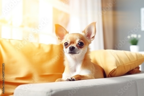 Purebred beige Chihuahua dog on white yellow sofa in modern, cozy, bright living room. Copy space. Pedigreed doggy. Cute puppy pet. Close up. Beautiful interior. Banner, advertising, poster. © Jafree