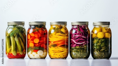 Home preservation, canning for winter. 5 glass jars with canned vegetables cucumbers, tomatoes, peppers, onions, greens, herbs, spices. On white background. Home conservation. Food blogging, cookbook.