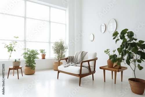 Bright living room interior with armchair against white wall. Generative AI