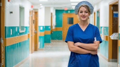 A Nurse standing inside a hospital hallway