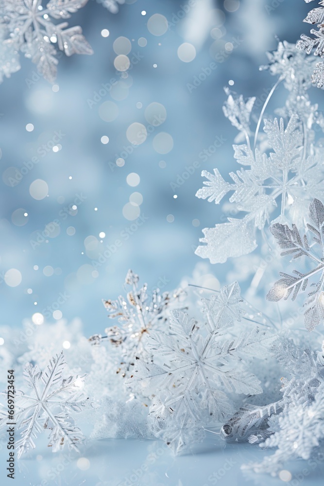 Blue Christmas background with snow, ice and room for text copy.
