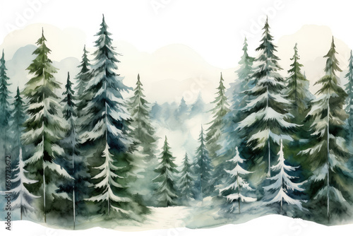 Watercolor Illustration of Winter Spruce Forest Landscape © God Image