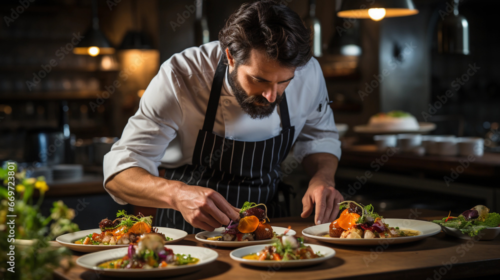 A skilled chef in a restaurant kitchen, meticulously plating a gourmet dish with artistic precision