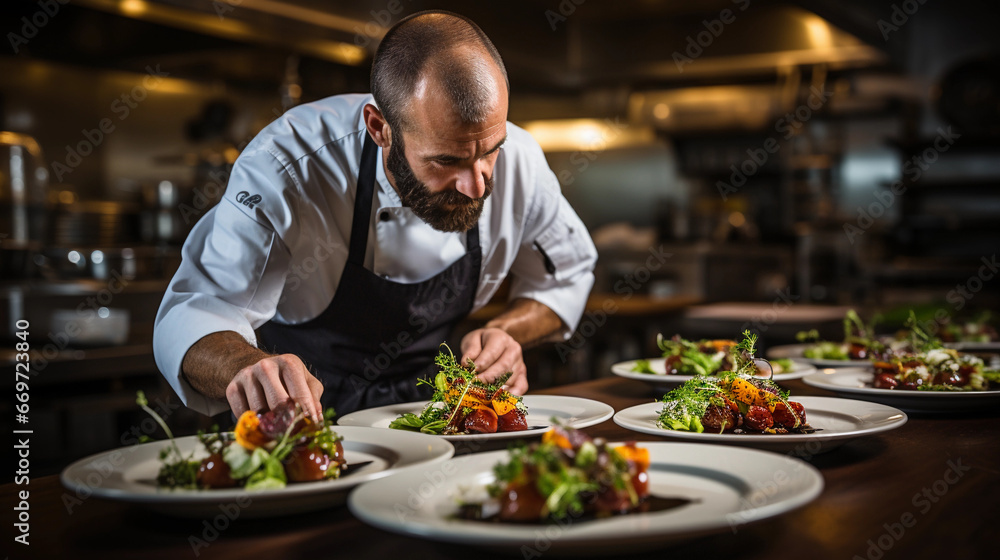 A skilled chef in a restaurant kitchen, meticulously plating a gourmet dish with artistic precision