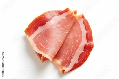 Italian or Spanish raw ham on white background. Full depth of field, top view. Flat lay. Generative AI