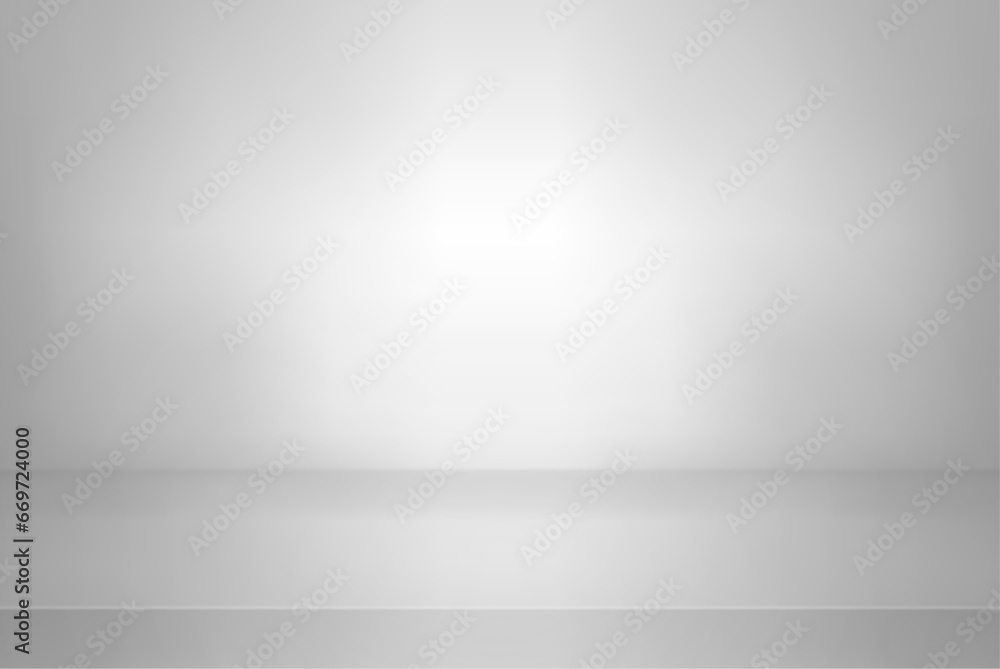 White color studio background. Abstract empty room with soft light for product. Simple gray backdrop. Line horizon. Gradient grey background. Table texture blank wall and floor. Vector illustration - obrazy, fototapety, plakaty 