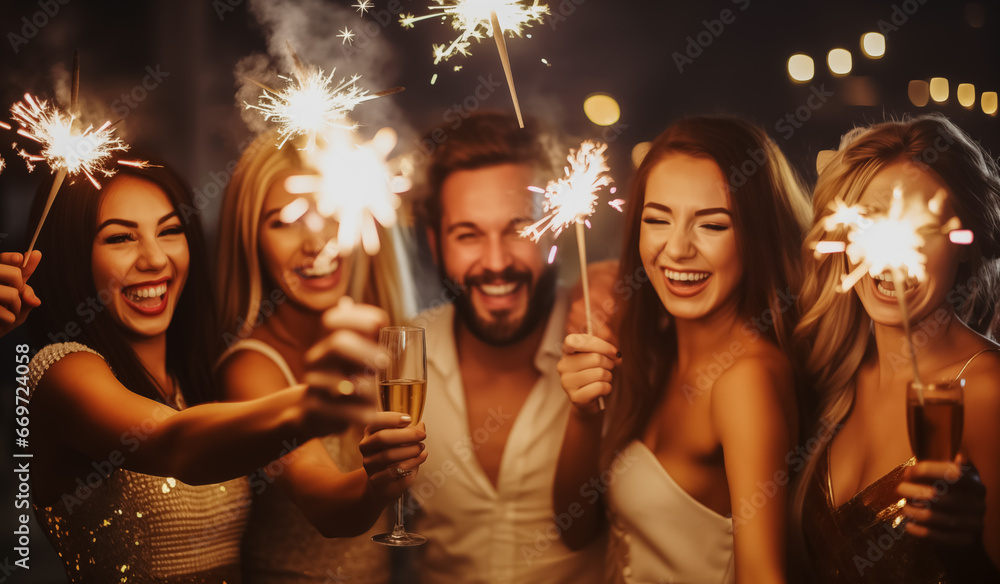 Group of happy people holding sparklers at Christmas or New year party and smiling. Bengal light at the wedding party Group of happy people holding sparklers at Christmas or New year party and smiling. Bengal light at the wedding party