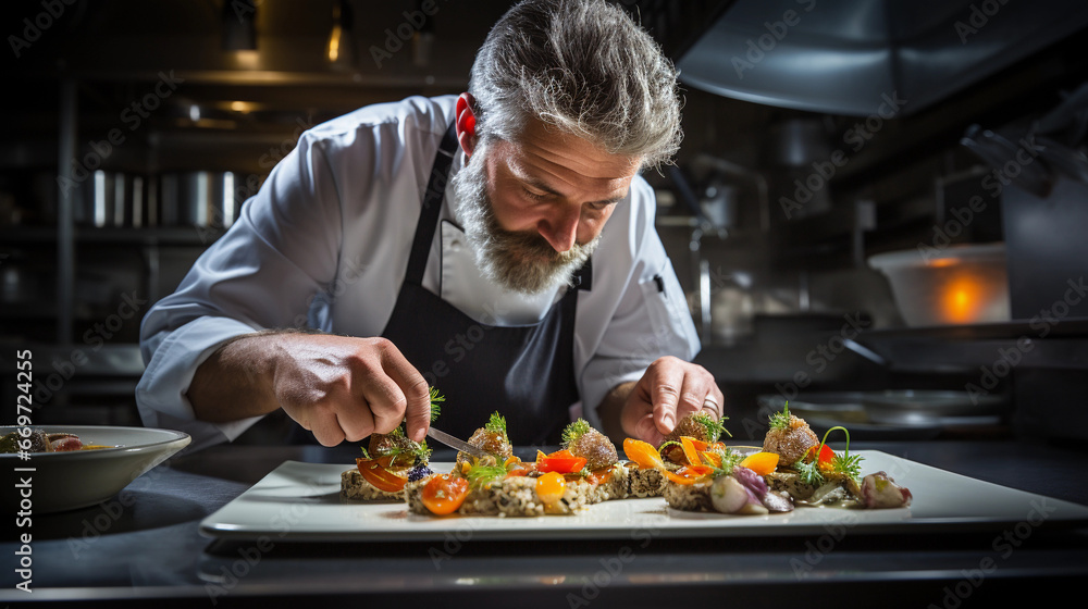 A skilled chef in a restaurant kitchen, meticulously plating a gourmet dish with artistic precision A skilled chef in a restaurant kitchen, meticulously plating a gourmet dish with artistic precision